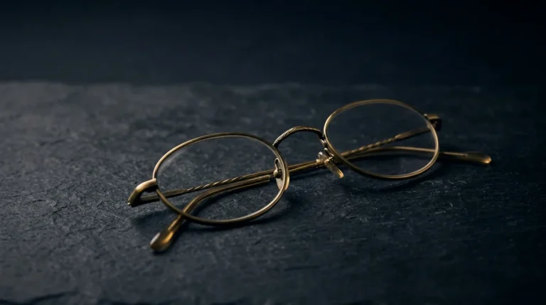 A pair of folded brass wire-rimmed reading glasses resting on dark slate