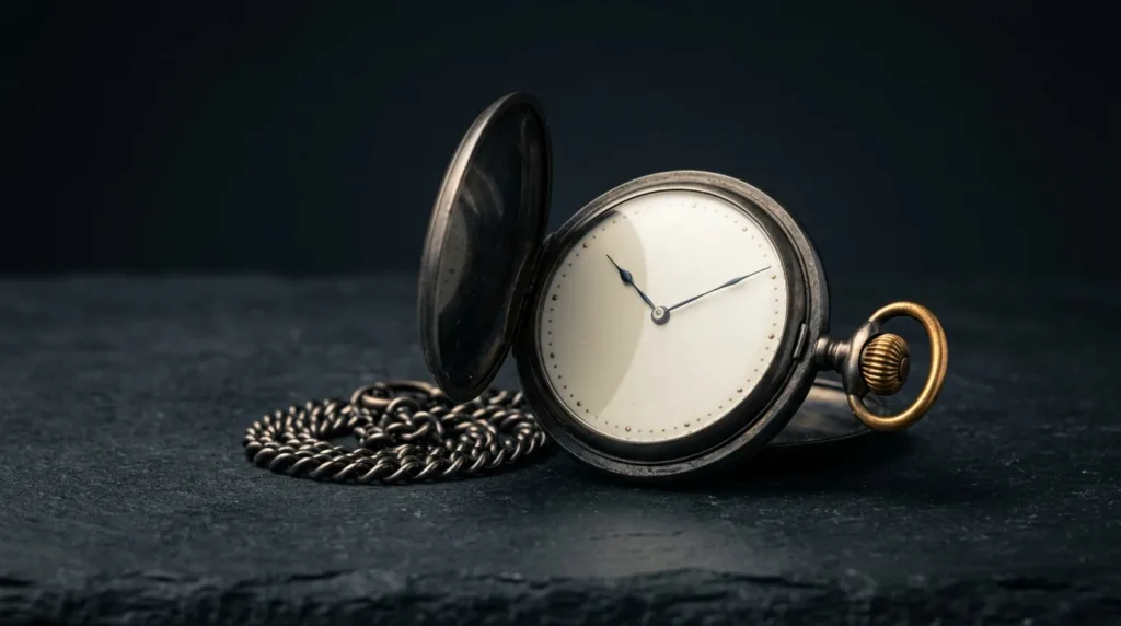 An open antique pocket watch with a plain ivory dial and brass bow beside its coiled chain on dark slate