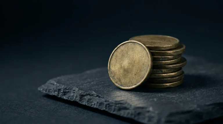 A small stack of plain antique brass coins with blank faces on dark slate