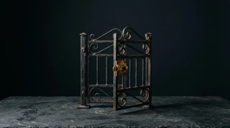 A small antique wrought-iron gate standing slightly ajar with an aged-brass latch, on dark slate