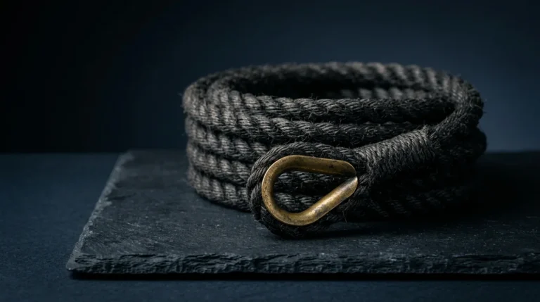 A coil of heavy dark hemp rope ending in an eye splice fitted with a brass thimble, on dark slate