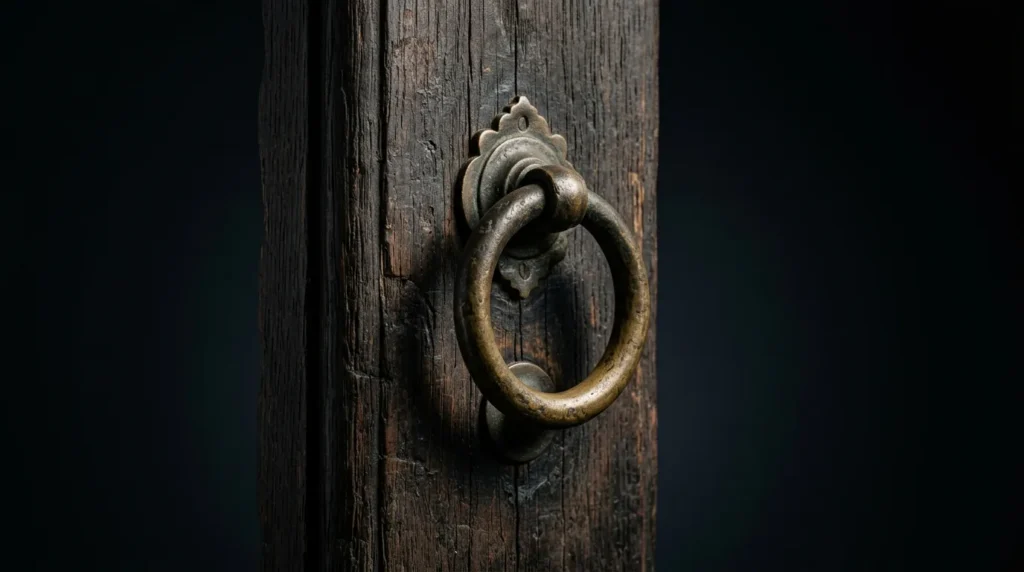 An antique aged-brass ring door knocker mounted on a dark weathered oak door