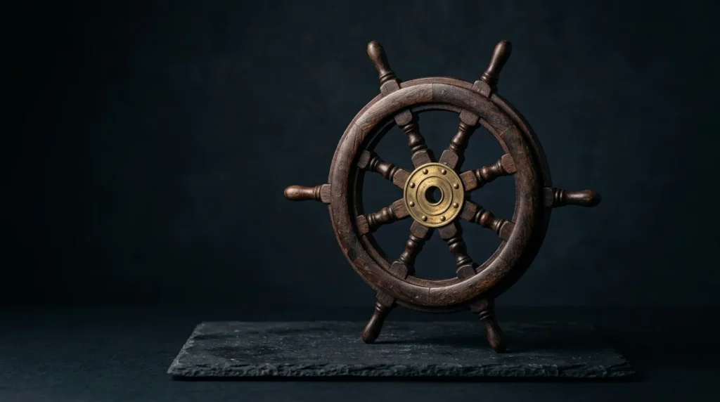 A small antique ship's helm wheel of dark stained wood with a brass centre hub, standing on dark slate