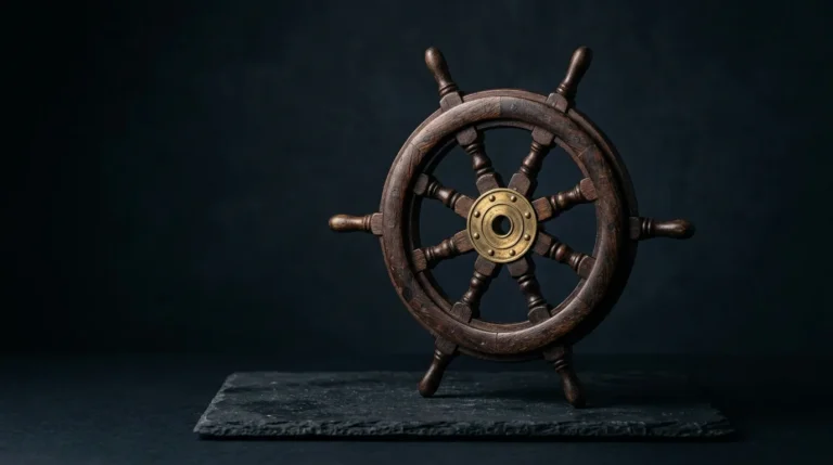 A small antique ship's helm wheel of dark stained wood with a brass centre hub, standing on dark slate