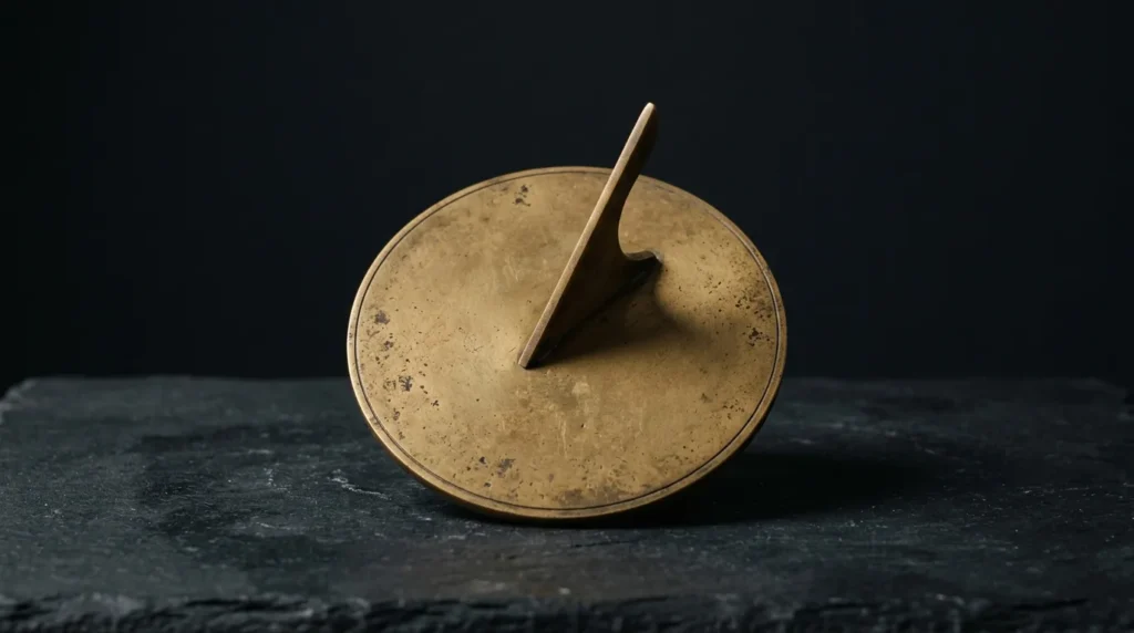 An antique aged-brass sundial with a blank dial face, its gnomon casting a soft shadow, on dark slate