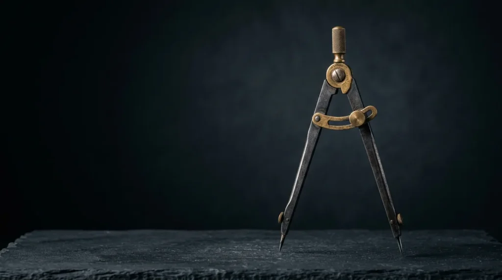 Antique steel and brass drawing dividers standing open on dark slate, a draftsman's instrument for measuring proportion