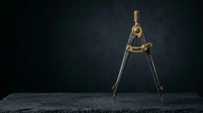Antique steel and brass drawing dividers standing open on dark slate, a draftsman's instrument for measuring proportion