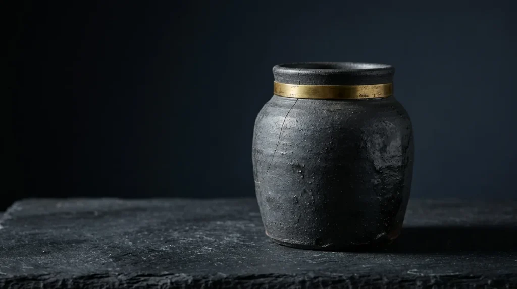 A dark hand-thrown stoneware jar with a fine hairline crack and a thin brass band at its neck, on dark slate