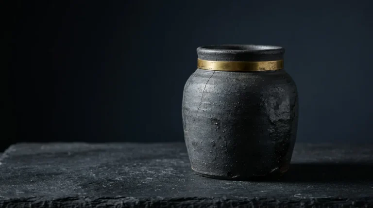 A dark hand-thrown stoneware jar with a fine hairline crack and a thin brass band at its neck, on dark slate