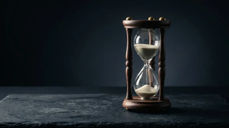 An antique hourglass with a dark walnut frame and small brass caps, pale sand falling mid-flow, standing on dark slate