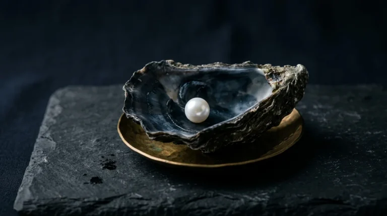 A single white pearl inside an open dark oyster shell resting on a small brass dish on dark slate