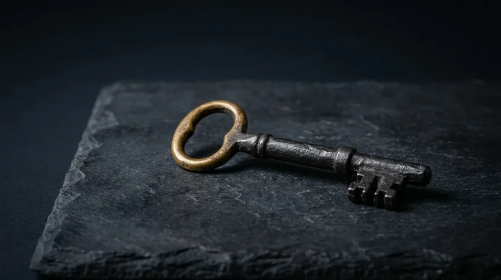 A heavy antique iron door key with a brass bow ring lying on dark slate