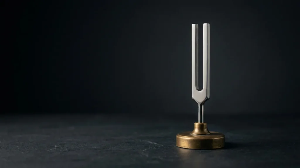 A single polished steel tuning fork standing upright in a small aged-brass base on dark slate