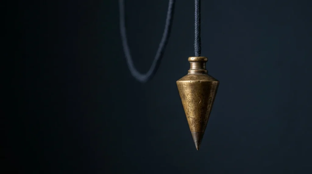 An antique aged-brass plumb bob hanging still on a dark cord against a deep ink backdrop