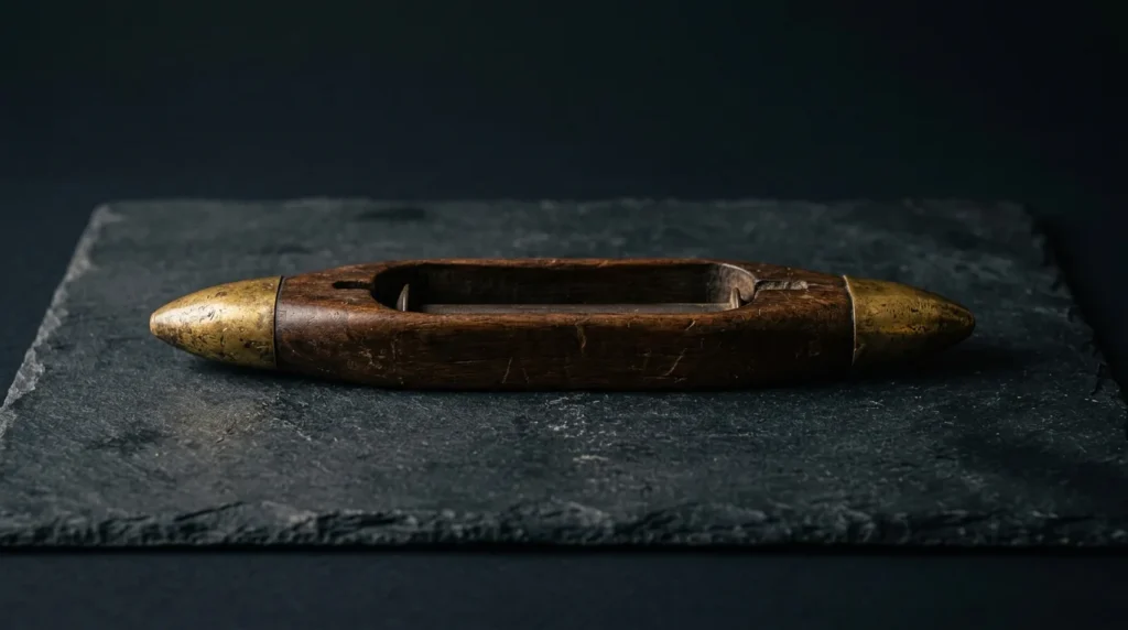 An antique dark wooden weaver's shuttle with aged-brass tips lying flat on dark slate