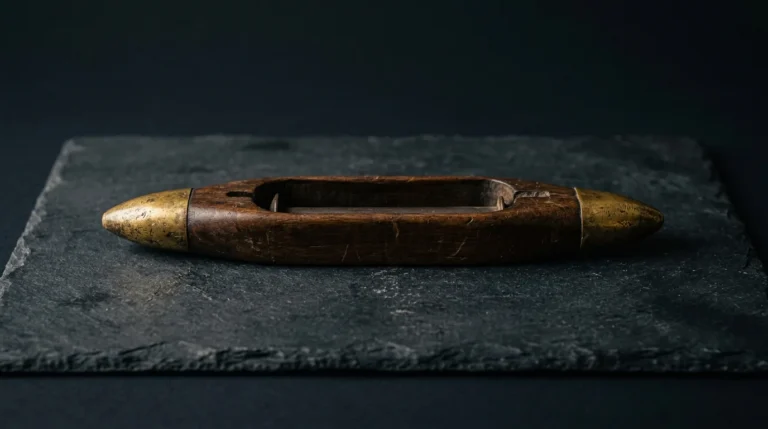 An antique dark wooden weaver's shuttle with aged-brass tips lying flat on dark slate