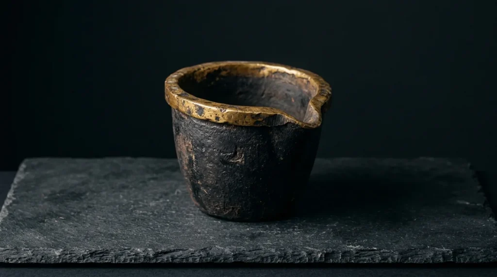 An empty antique blackened iron crucible with an aged-brass rim and pouring lip, standing on dark slate