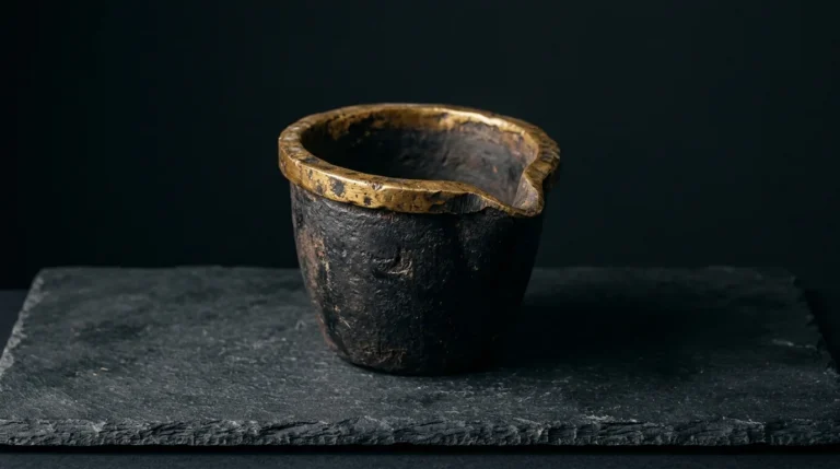 An empty antique blackened iron crucible with an aged-brass rim and pouring lip, standing on dark slate